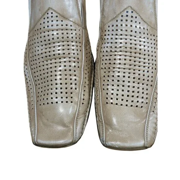 Mens Leather Shoes Size 12 Perforated Square Toe Dress Oxford Slip On Beige - Picture 6 of 10